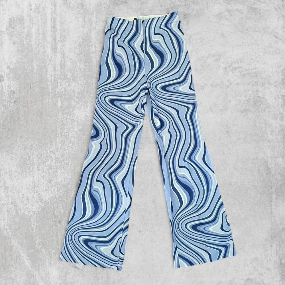 Zara Blue Wavy Swirl Linen Blend Pants Y2K Retro High Rise Wide Leg Size S NWOT